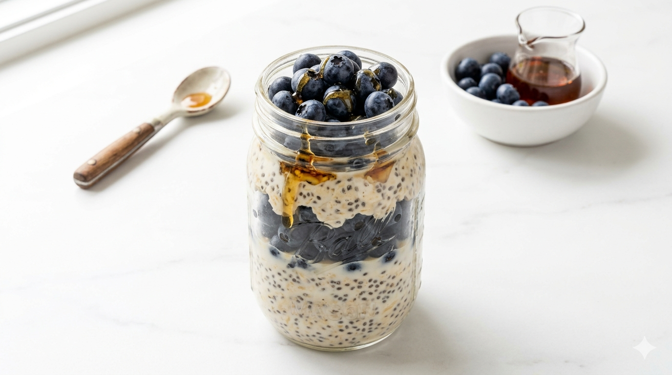 Jar of overnight oats layered with chia seeds and topped with fresh blueberries