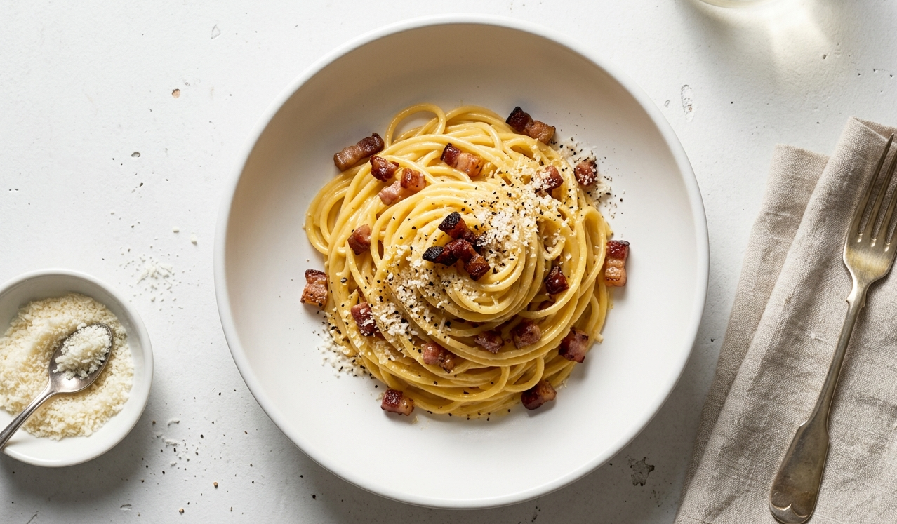 Low-FODMAP spaghetti alla carbonara with crispy pancetta and Pecorino