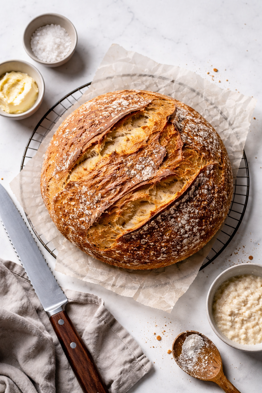 Freshly baked golden no-knead spelt bread on a wire rack