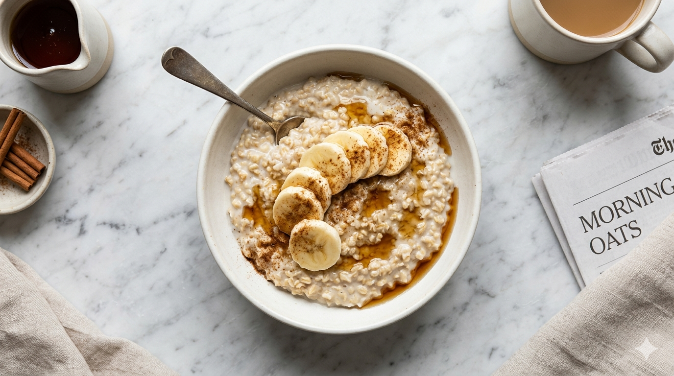 Bowl of oat porridge topped with sliced banana, maple syrup and cinnamon