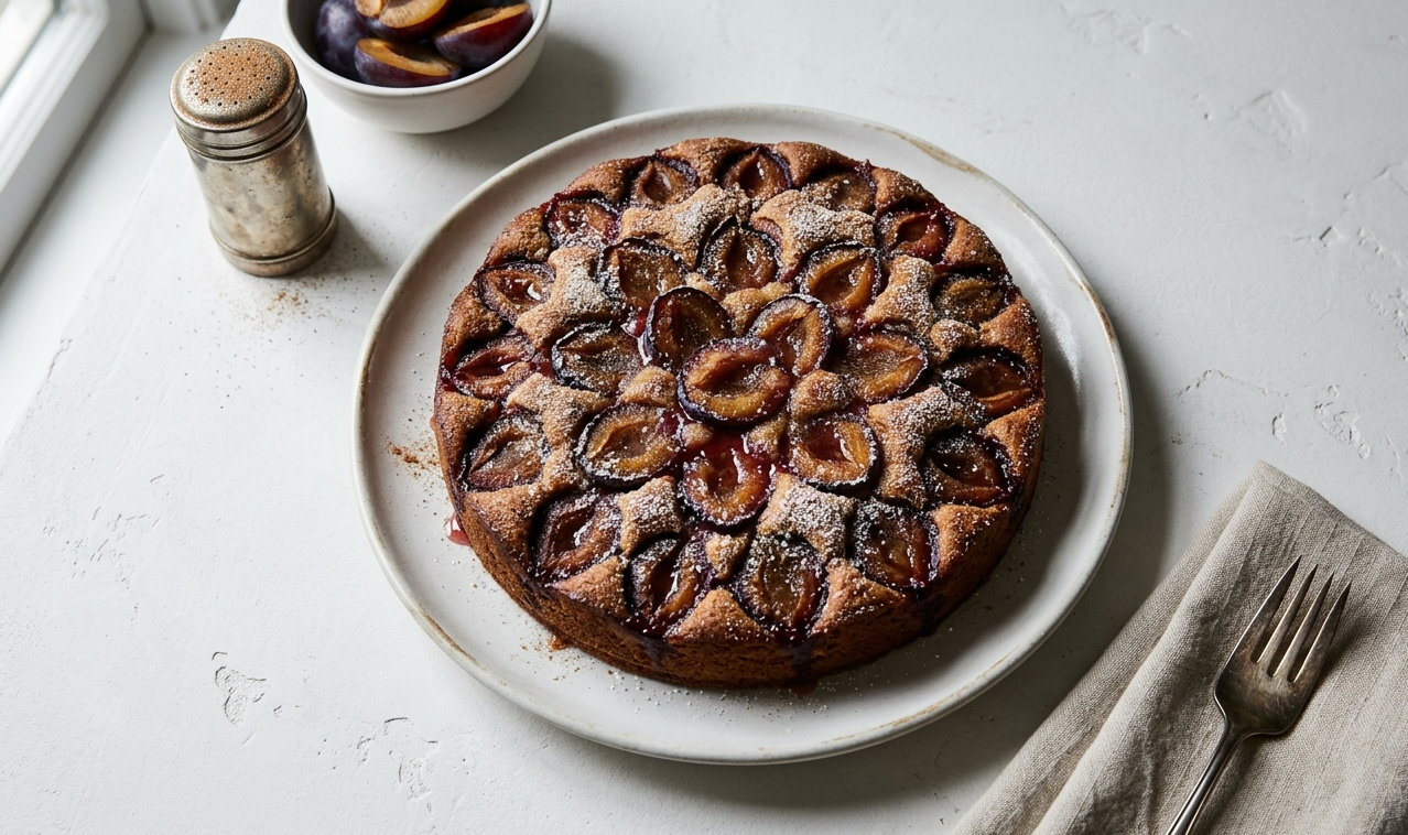 Golden plum torte with caramelised plum halves and powdered sugar on a white plate