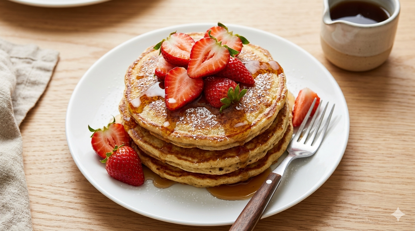 Stack of golden rice flour pancakes topped with strawberries and maple syrup