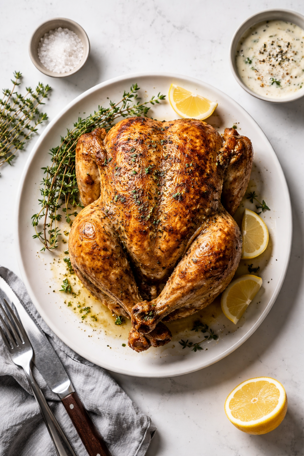 Golden buttermilk roast chicken with herbs and lemon on a white platter