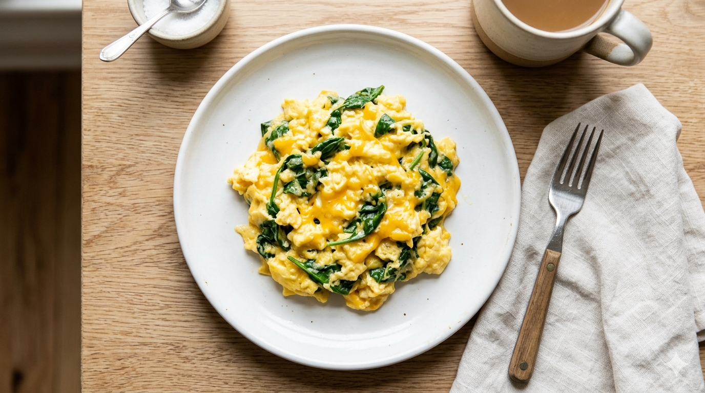 Creamy scrambled eggs with wilted spinach and cheddar on a white plate