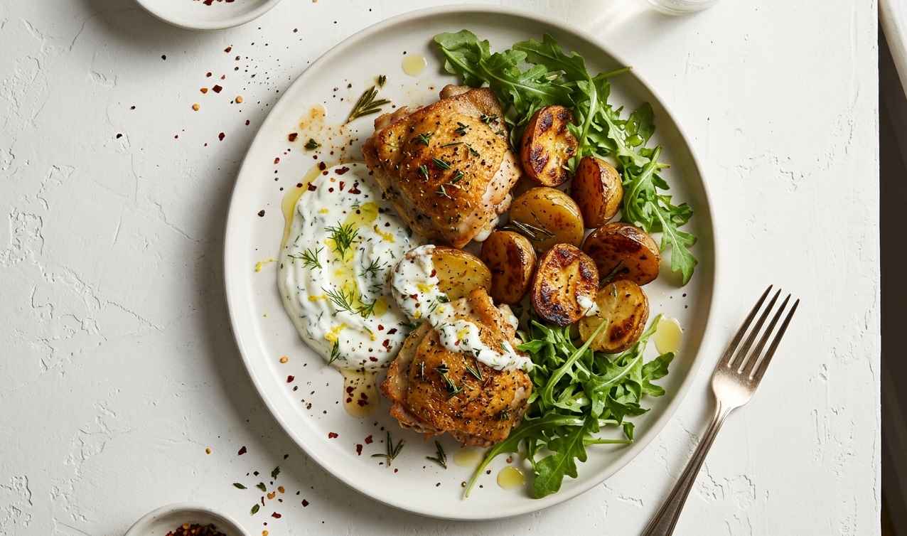 Sheet-pan chicken thighs with roasted potatoes, garlic yogurt sauce and rocket