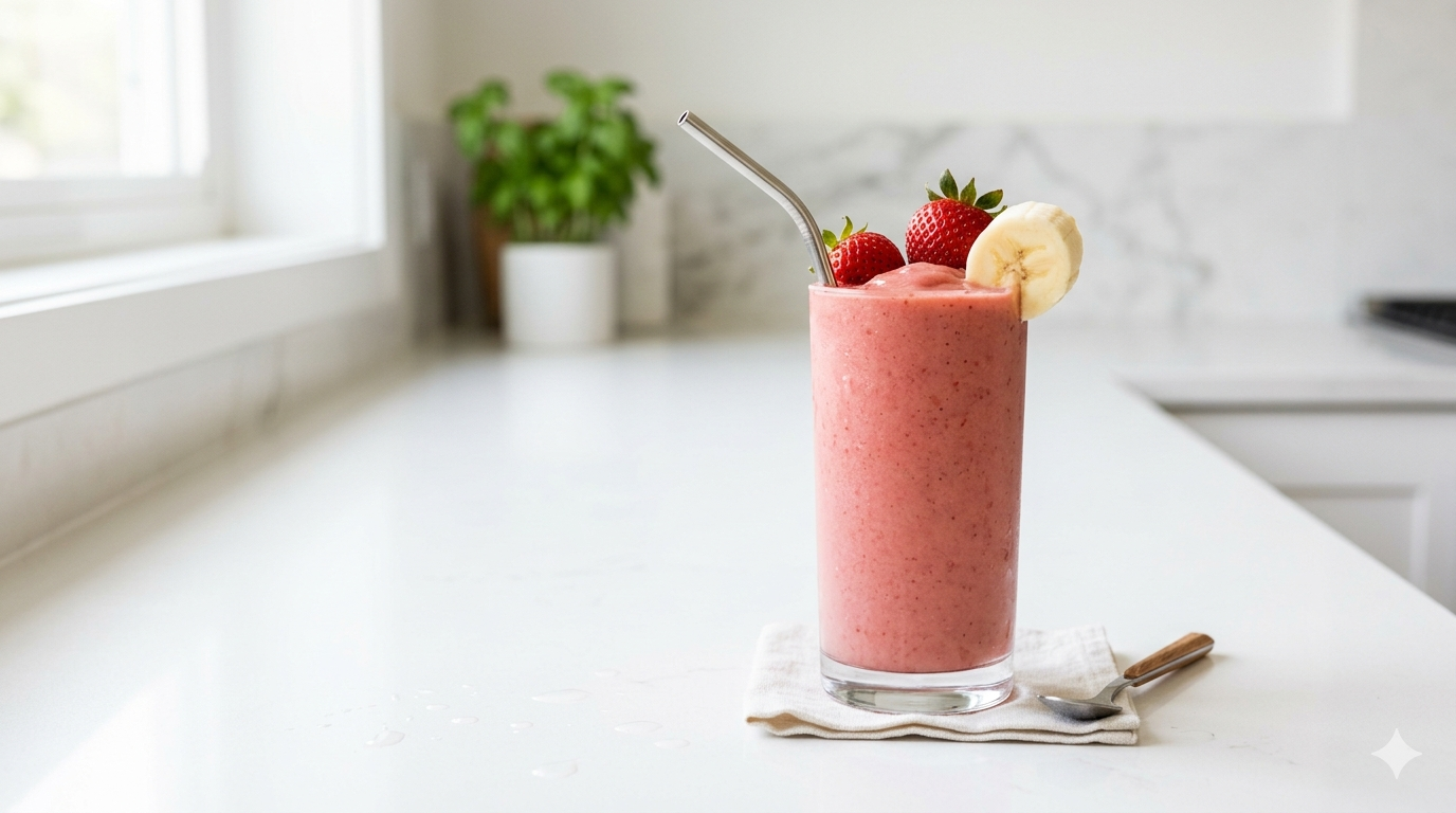 Glass of pink strawberry banana smoothie garnished with a banana slice