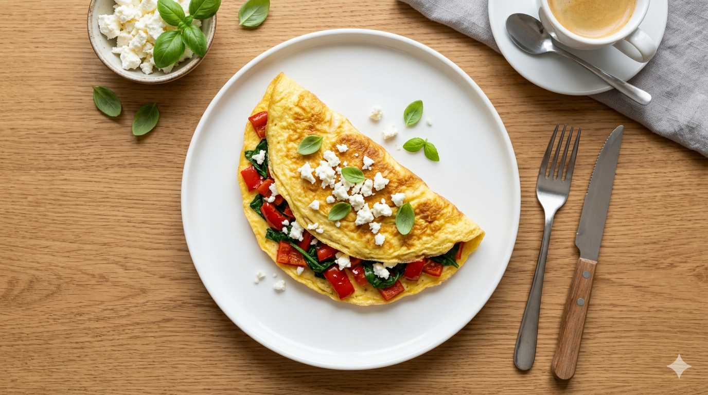 Folded vegetable omelette with red pepper, spinach and crumbled feta on a white plate